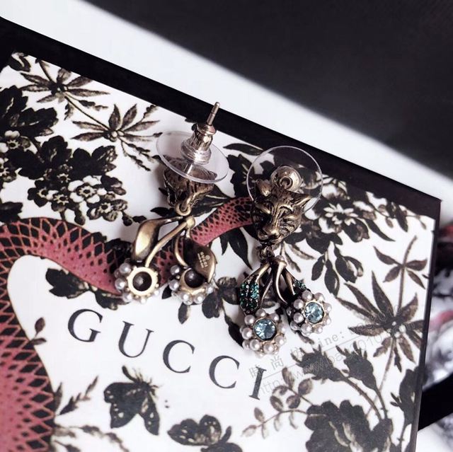 GUCCi飾品 古馳s925純銀針耳環 Gucci豹子藍鑽雙花耳釘  zgbq1211